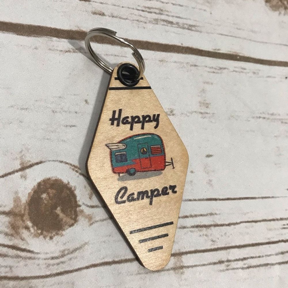 Happy Camper Wooden Keychain Retro‎ Camper